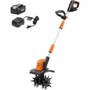 imageLawnMaster 24V MAX Cordless Tiller Cultivator Lightweight Electric Garden Tiller with 1 MAX 24V 40ah BatteryampCharger 4 Blade 9In Tilling Width amp 7In Depth for Weeding Gardening amp CultivationCordless 24V 9Inch